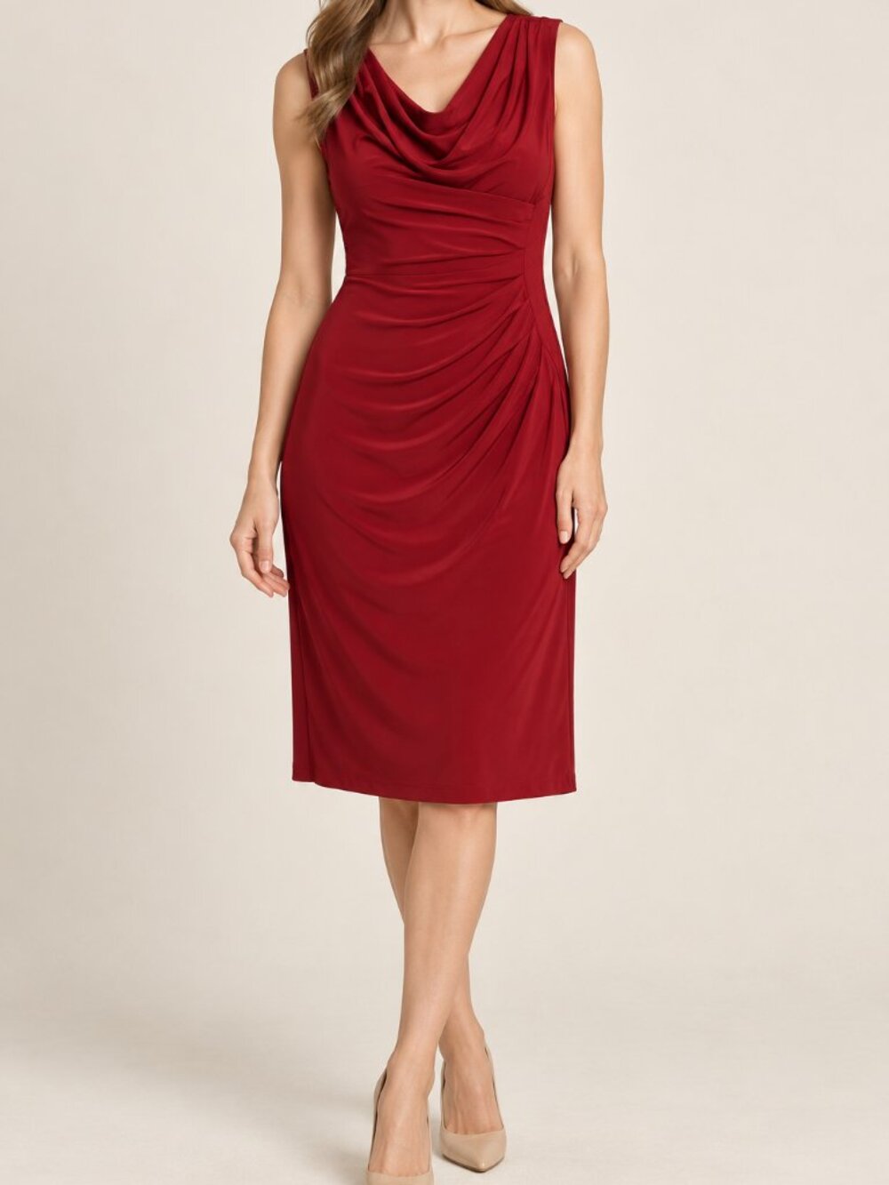Lauren Ralph Lauren Red Cowl Neck Ruched Dress Size 4